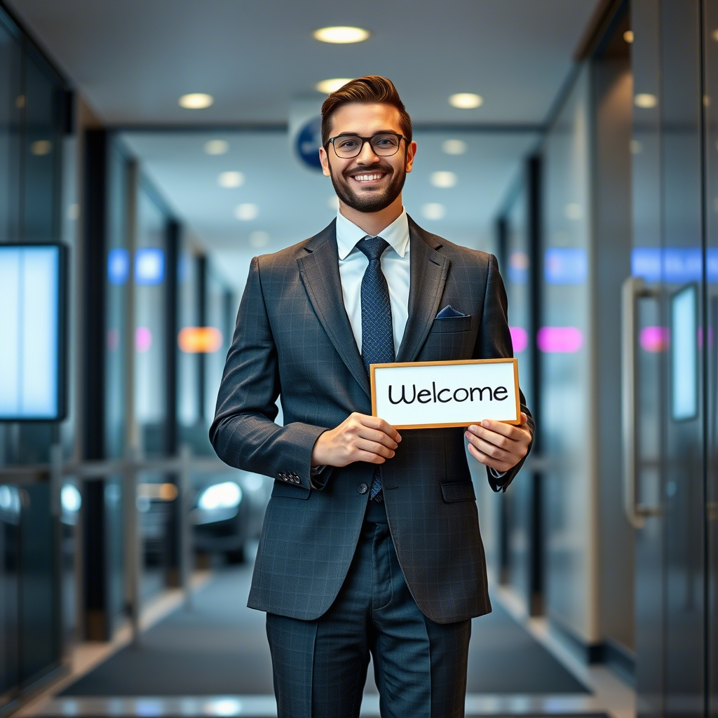 Chauffeur AlloTaxi souriant tenant une pancarte d'accueil à la Gare de Lyon